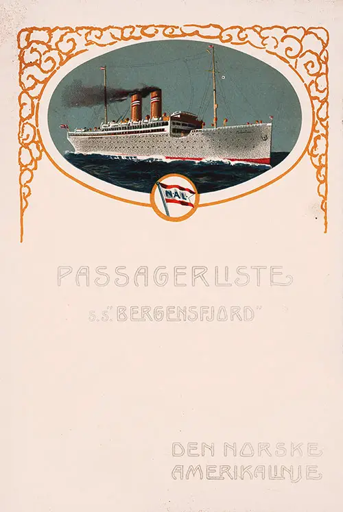 Front Cover - Passenger List, Norwegian-America Line, SS Bergensfjord, 18 August 1915