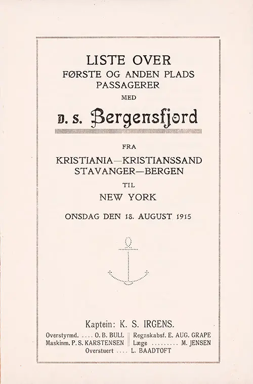 Title Page, SS Bergensfjord Passenger List, 18 August 1915.