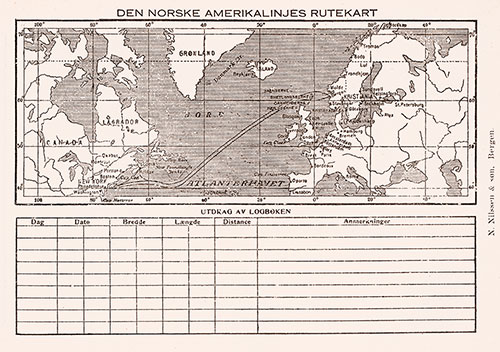 Track Chart and Abstract of Log (Unused), SS Bergensfjord Passenger List, 18 August 1915.