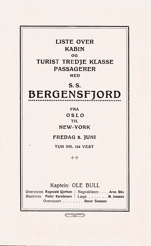 Title Page, SS Bergensfjord Passenger List, 8 June 1928.