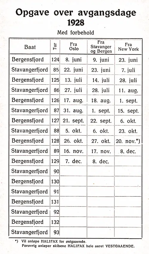Sailing Schedule for the SS Bergensfjord and SS Stavangerfjord from 8 June through 8 December 1928.