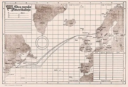 Route Map and Extract from Log (Unused), SS Bergensfjord Passenger List, 8 June 1928.