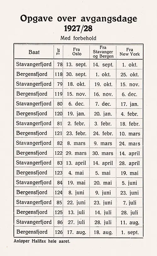 Sailing Schedule, Oslo-Stavanger-Bergen-New York, from 13 September 1927 to 1 September 1928.