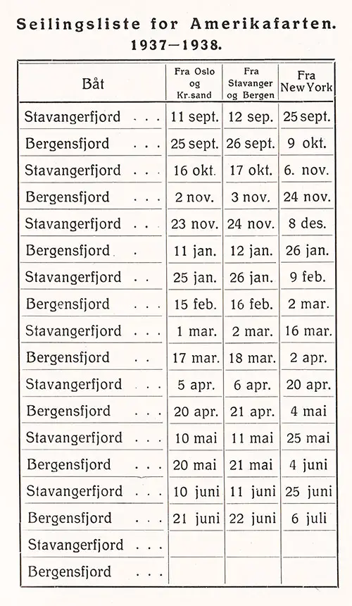 Sailing Schedule , Oslo-Kristiansand-Stavanger-Bergen-New York, from 11 September 1937 to 6 July 1938.