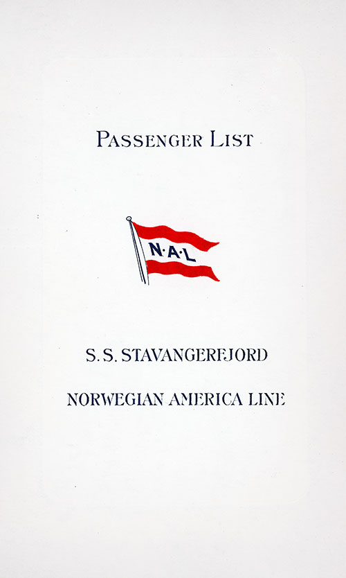 Front Cover of a Cabin, Tourist, and Third Class Passenger list for the SS Stavangerfjord of the Norwegian-America Line, Departing 6 July 1939 from New York to Oslo.