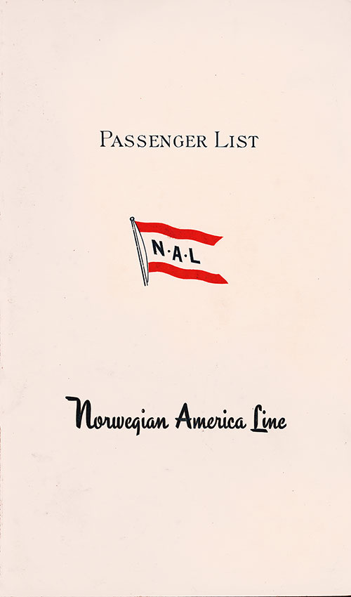 Front Cover of a First, Cabin, and Tourist Passenger List from the SS Stavangerfjord of the Norwegian-America Line, Departing Tuesday, 14 July 1953 from New York to Oslo.