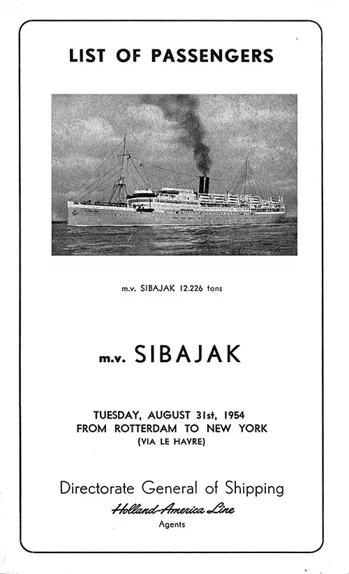 Front Cover of a 1954 Passenger List of the MV Sibajak of the Holland-America Line, Featuring a Photograph of the MV SIbajak.