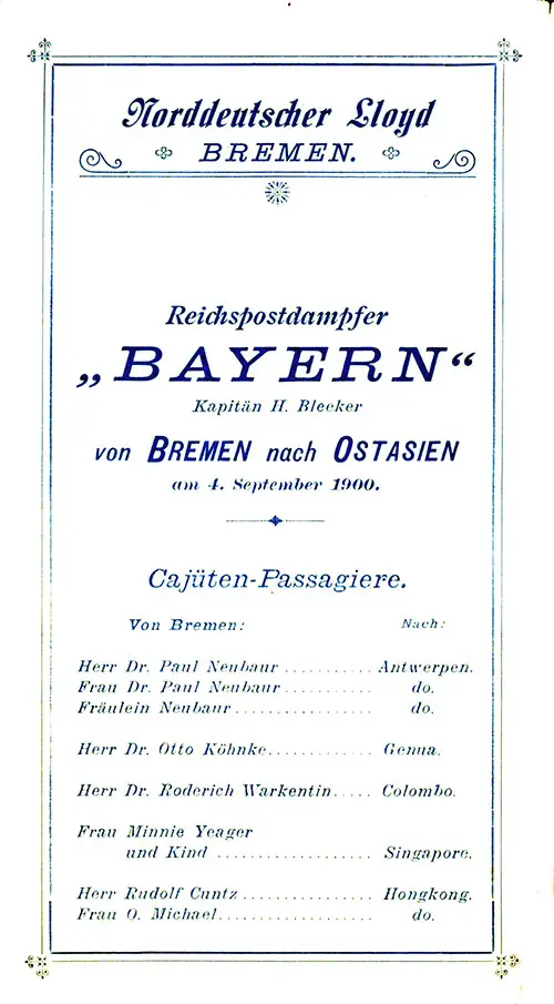 Title Page including Passengers, SS Bayern Cabin Passenger List, 4 September 1900.