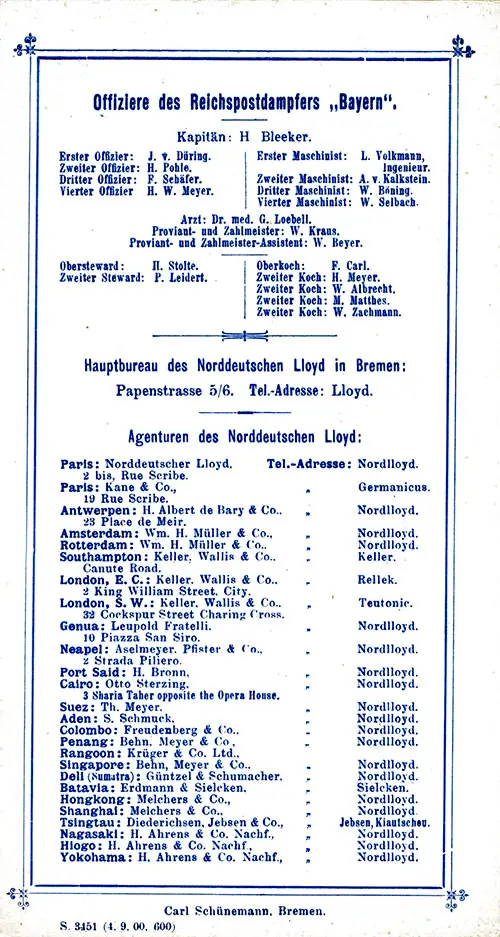Senior Officers and Staff, and, NDL Agencies, SS Bayern Cabin Passenger List, 4 September 1900.
