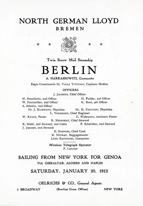 Title Page with Listing of Senior Officers and Staff, SS Berlin First and Second Cabin Passenger List, 20 January 1912.