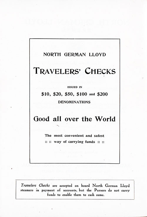 Advertisement, North German Lloyd Travelers Checks, SS Berlin First and Second Cabin Passenger List, 20 January 1912.