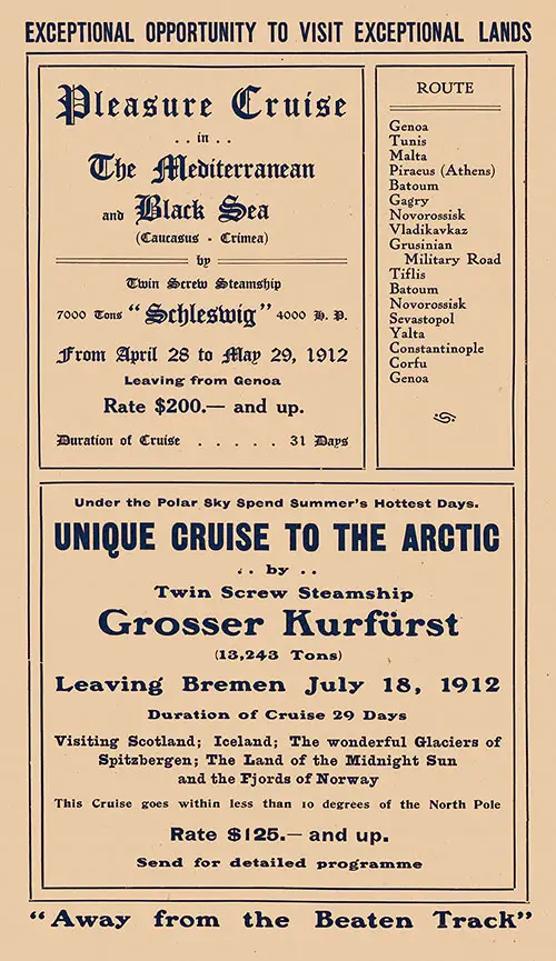 Advertisement: Cruises to Exotic Locations, 1912.