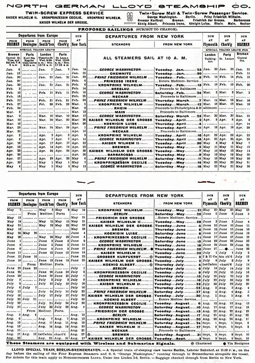 Sailing Schedule, Bremen-New York, from 6 January 1912 to 10 September 1912.