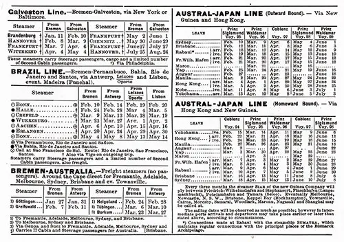 Sailing Schedule, Galveston Line, Brazil Line, Bremen-Australia- Austral-Japan Line, from 11 January 1912 to 24 August 1912.