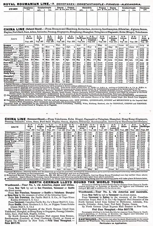 Sailing Schedule, China Line, from 8 February 1912 to 2 September 1912.