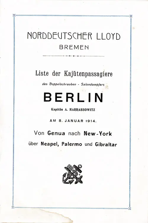 Title Page, SS Berlin First and Second Cabin Passenger List, 8 January 1914.
