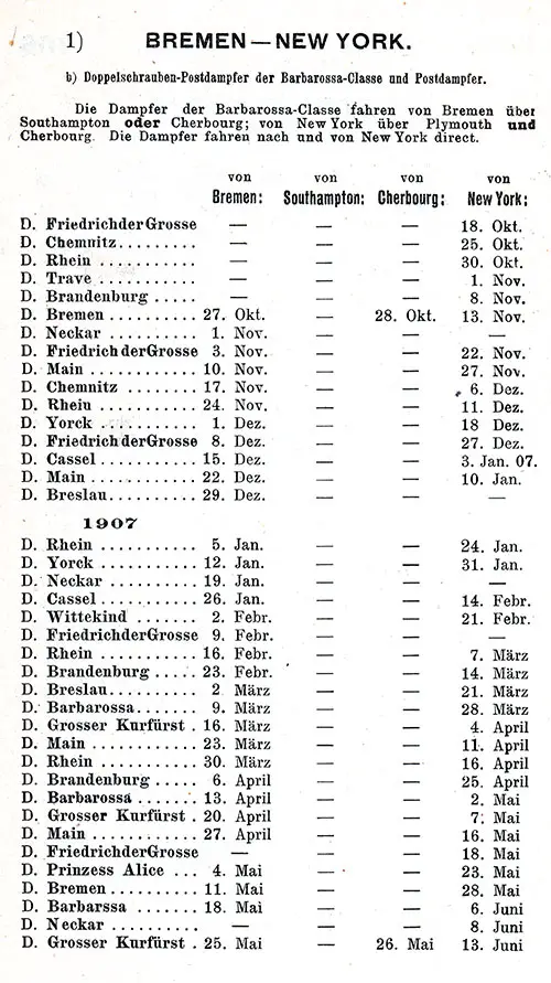 Sailing Schedule, Bremen-Southampton-Cherbourg-New York, from 18 October 1906 to 13 June 1907.