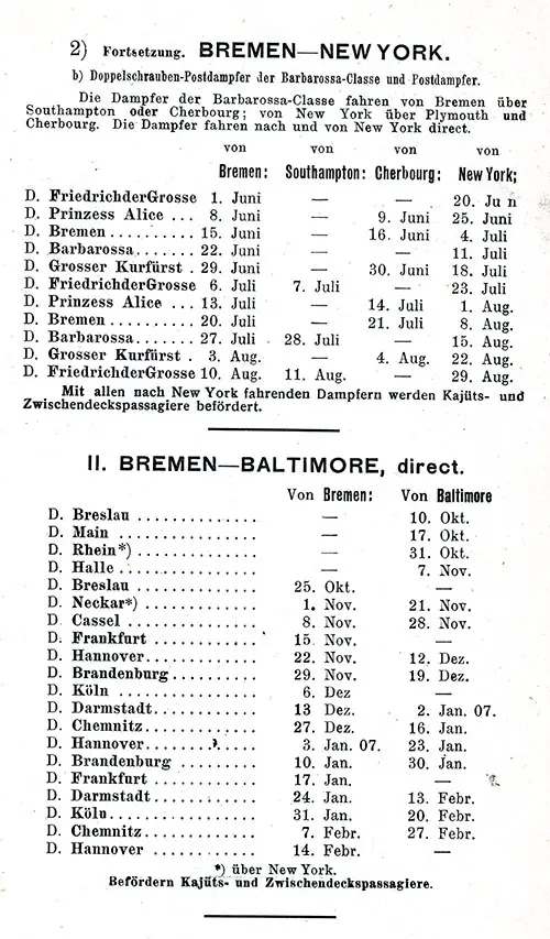 Sailing Schedule, Bremen-New York and Bremen to Baltimore, From 10 October 1906 to 29 August 1907.