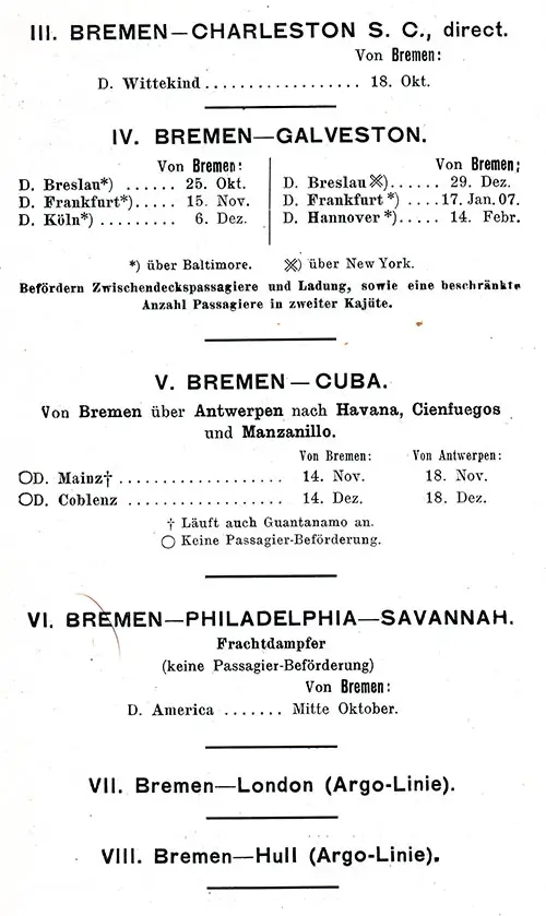 Sailing Schedule, Bremen to Various Ports, from 18 October 1906 to 14 February 1907.