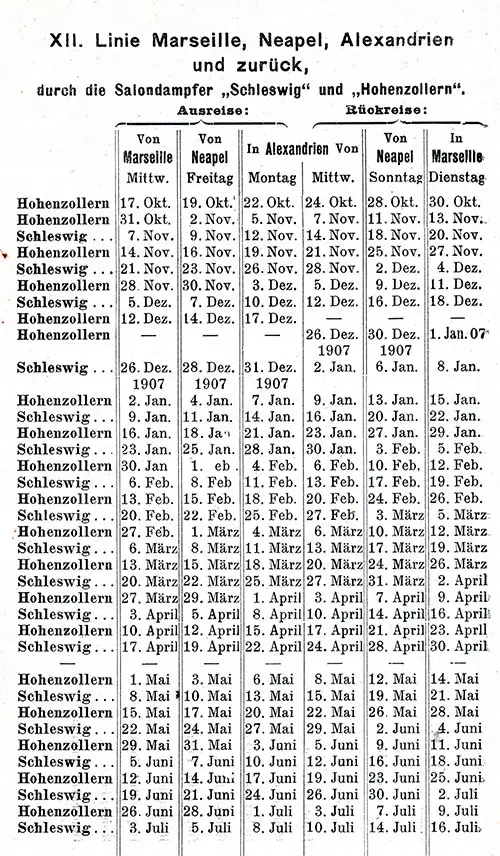 Sailing Schedule, Marseille, Naples, Alexandria, and Zurich, from 17 October 1906 to 16 July 1907.