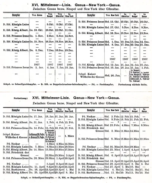 Sailing Schedule, Genoa-New York-Genoa, from 5 October 1906 to 24 May 1907.