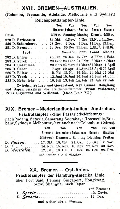 Sailing Schedule, Bremen to Australia, Bremen to Amsterdam, Antwerp, Genoa, Messina, and Bremen to East Asia, from 17 October 1906 to 22 July 1907.