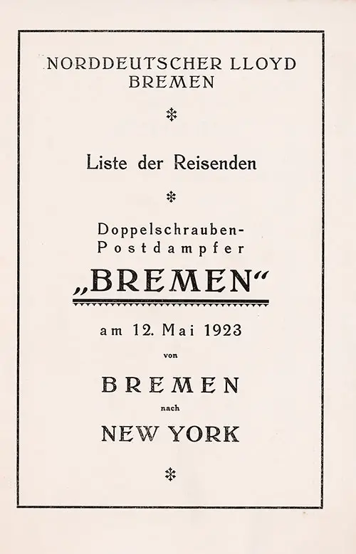 Title Page, SS Bremen Third Class Passenger List, 12 May 1923.
