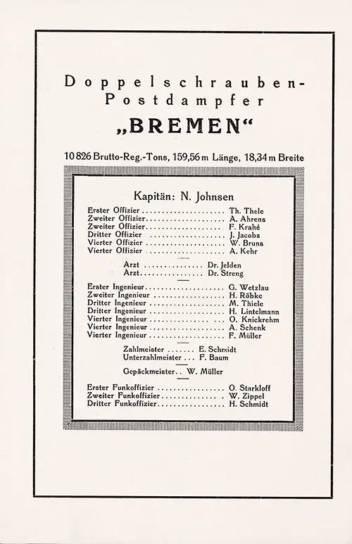 Senior Officers and Staff, SS Bremen Third Class Passenger List, 12 May 1923.