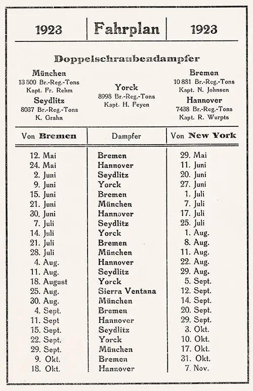 Sailing Schedule, Bremen-New York, from 12 May 1923 to 7 November 1923.