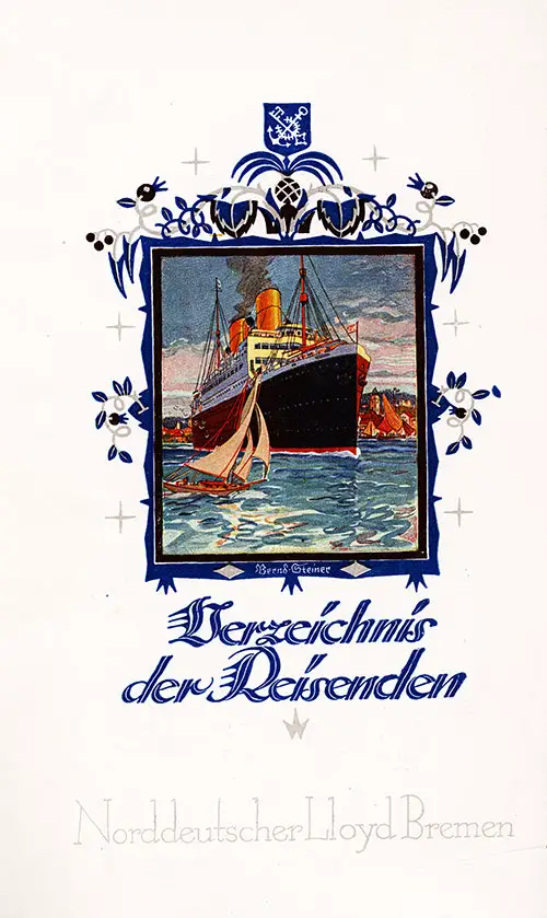 Front Cover of a Cabin Class Passenger List from the SS Bremen of the North German Lloyd, Departing 18 May 1927 from Bremen to New York via Halifax