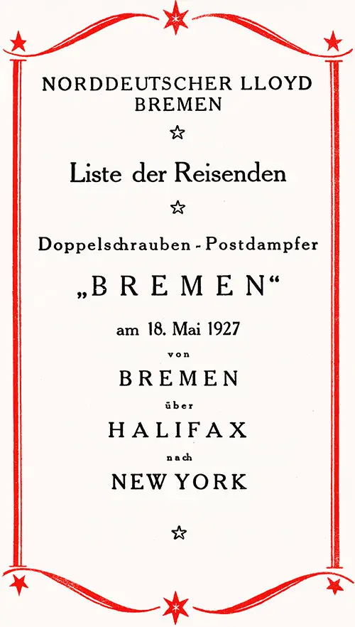 Title Page, SS Bremen Cabin Passenger List, 18 May 1927.