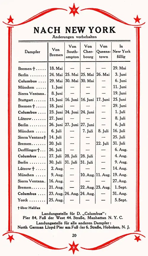 Sailing Schedule, Bremen-Southampton-Cherbourg-Queenstown (Cobh)-New York, from 18 May 1927 to 5 September 1927.