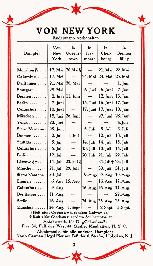 Sailing Schedule, New York-Queenstown (Cobh)-Plymouth-Cherbourg-Bremen, from 12 May 1927 to 3 September 1927.