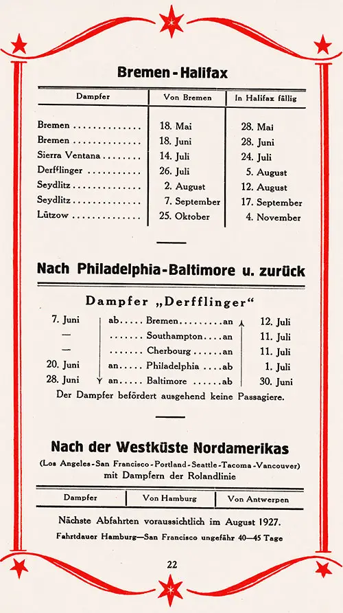 Sailing Schedule, Bremen-Halifax and Philadelphia-Baltimore, from 18 May 1927 to 4 November 1927.