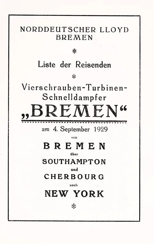 Title Page, Tourist Third Cabin and Third Class Passenger List, 4 September 1929.