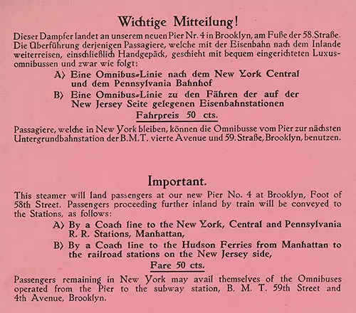 Important Notice (Insert) Regarding Landing Passengers at Their New Pier No. 4 at Brooklyn, Foot of 58th Street. SS Bremen Passenger List, 4 September 1929.