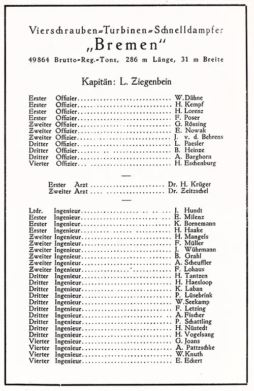 Officers and Staff, Page 1 of 2, SS Bremen Tourist Third Cabin and Third Class Passenger List, 4 September 1929.