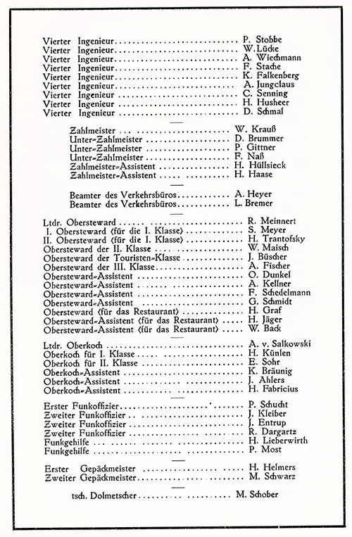 Officers and Staff, Page 2 of 2, SS Bremen Tourist Third Cabin and Third Class Passenger List, 4 September 1929.
