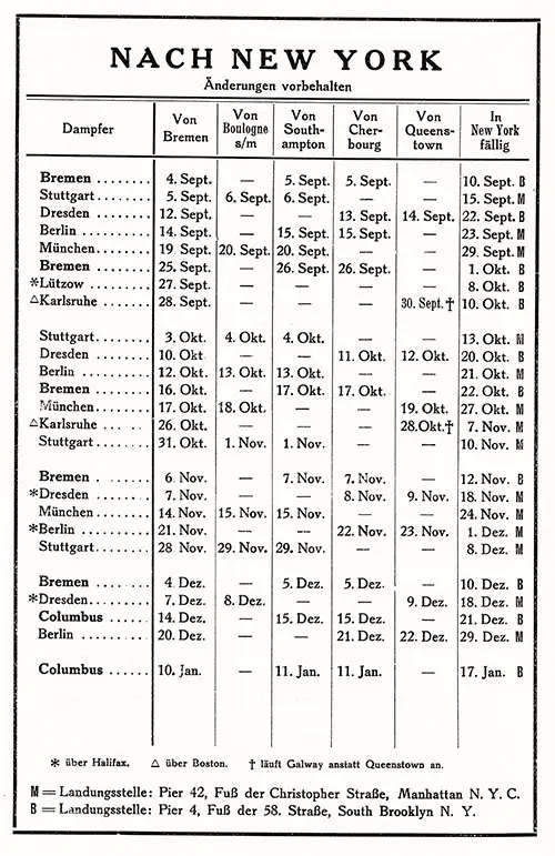 Sailing Schedule, Bremen-Boulogne-Southampton-Cherbourg-Queenstown (Cobh)-New York, from 4 September 1929 to 17 January 1930.