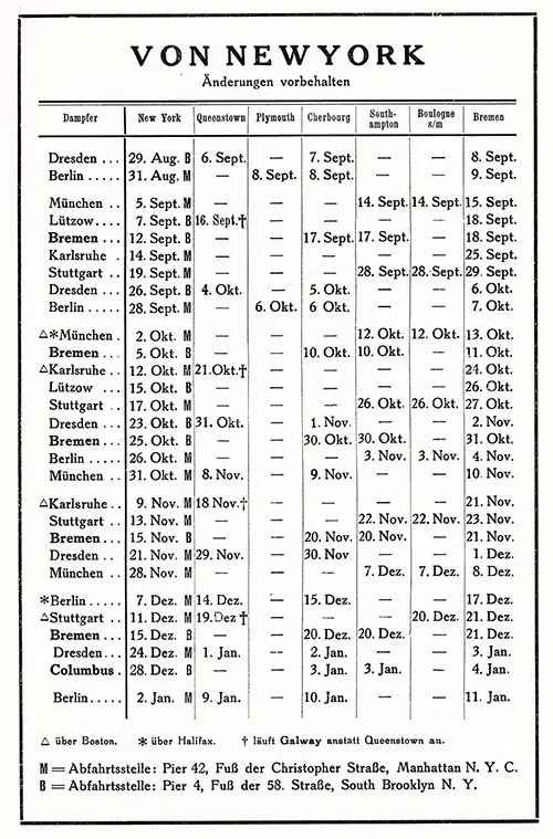 Sailing Schedule, New York-Queenstown (Cobh)-Plymouth-Cherbourg-Southampton-Boulogne-Bremen, from 29 August 1929 to 11 January 1930.