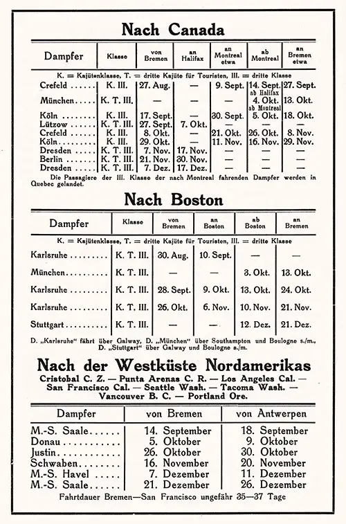 Sailing Schedule, Bremen-Halifax-Montreal, Montreal-Bremen, Bremen-Boston, Boston-Bremen, Bremen-Antwerp-Cristobal-Punta Arenas, Chilie-Los Angeles-San Francisco-Seattle-Tacoma-Vancouver, BC-Portland, OR, from 27 August 1929 to 26 December 1929.