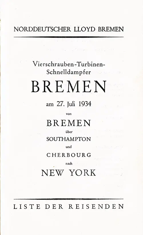 Title Page, SS Bremen Tourist Third Cabin and Third Class Passenger List, 27 July 1934.