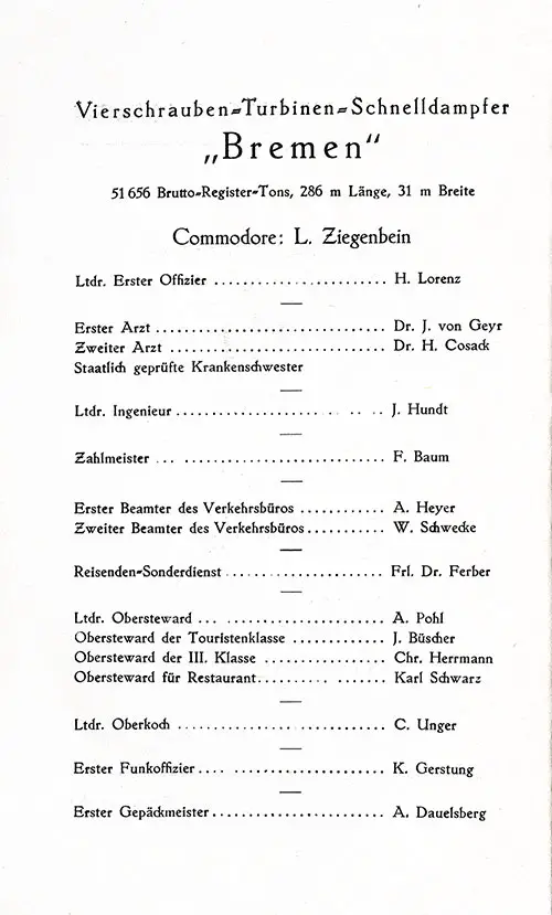 Senior Officers and Staff, SS Bremen Tourist Third Cabin and Third Class Passenger List, 27 July 1934.