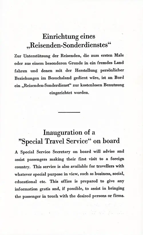 Inauguration of a "Special Travel Service" on Board, 1934.