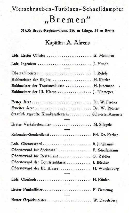 Officers and Staff, SS Bremen Tourist and Third Class Passenger List, 12 July 1938.