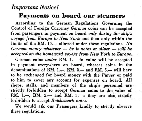 Important Notice, SS Bremen Tourist and Third Class Passenger List, 12 July 1938.