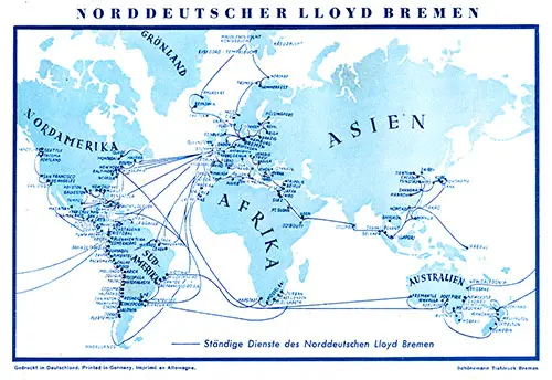 Back Cover - Global Route Map for Norddeutscher Lloyd Bremen.