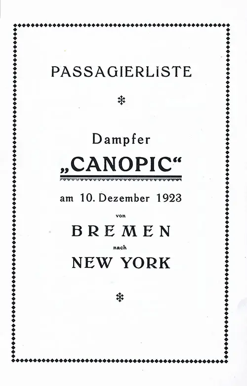 Title Page, SS Canopic Cabin Passenger List, 10 December 1923.