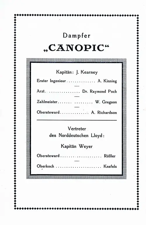 Senior Officers and NDL Representatives, SS Canopic Cabin Passenger List, 10 December 1923.