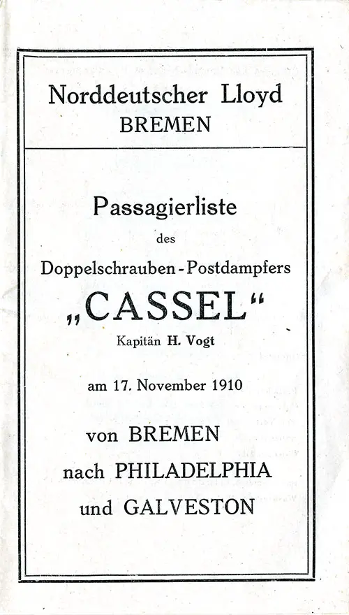Title Page, SS Cassel Cabin Passenger List, 17 November 1910.